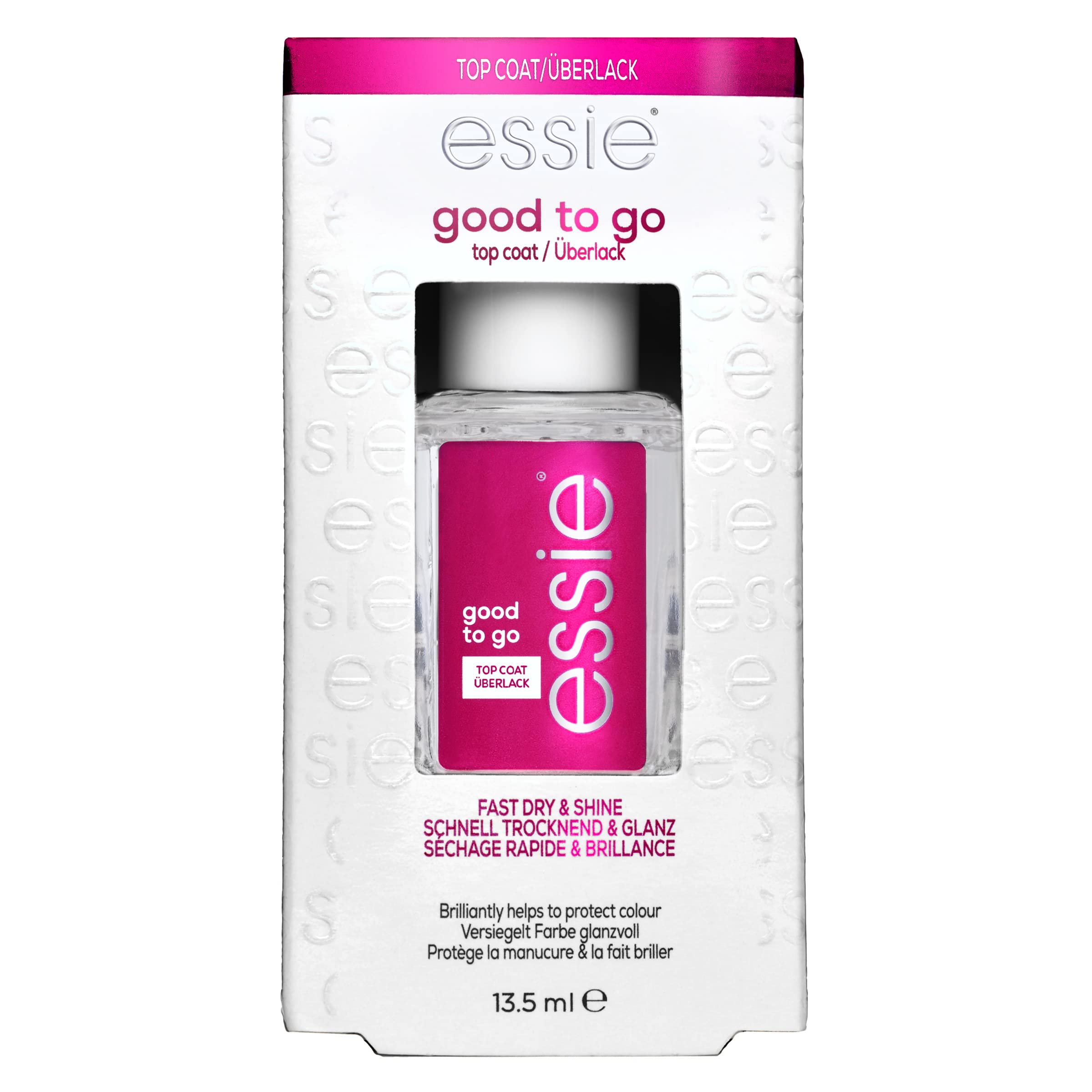 essie Good to Go top coat bottle close-up showing quick-dry, high-shine finish