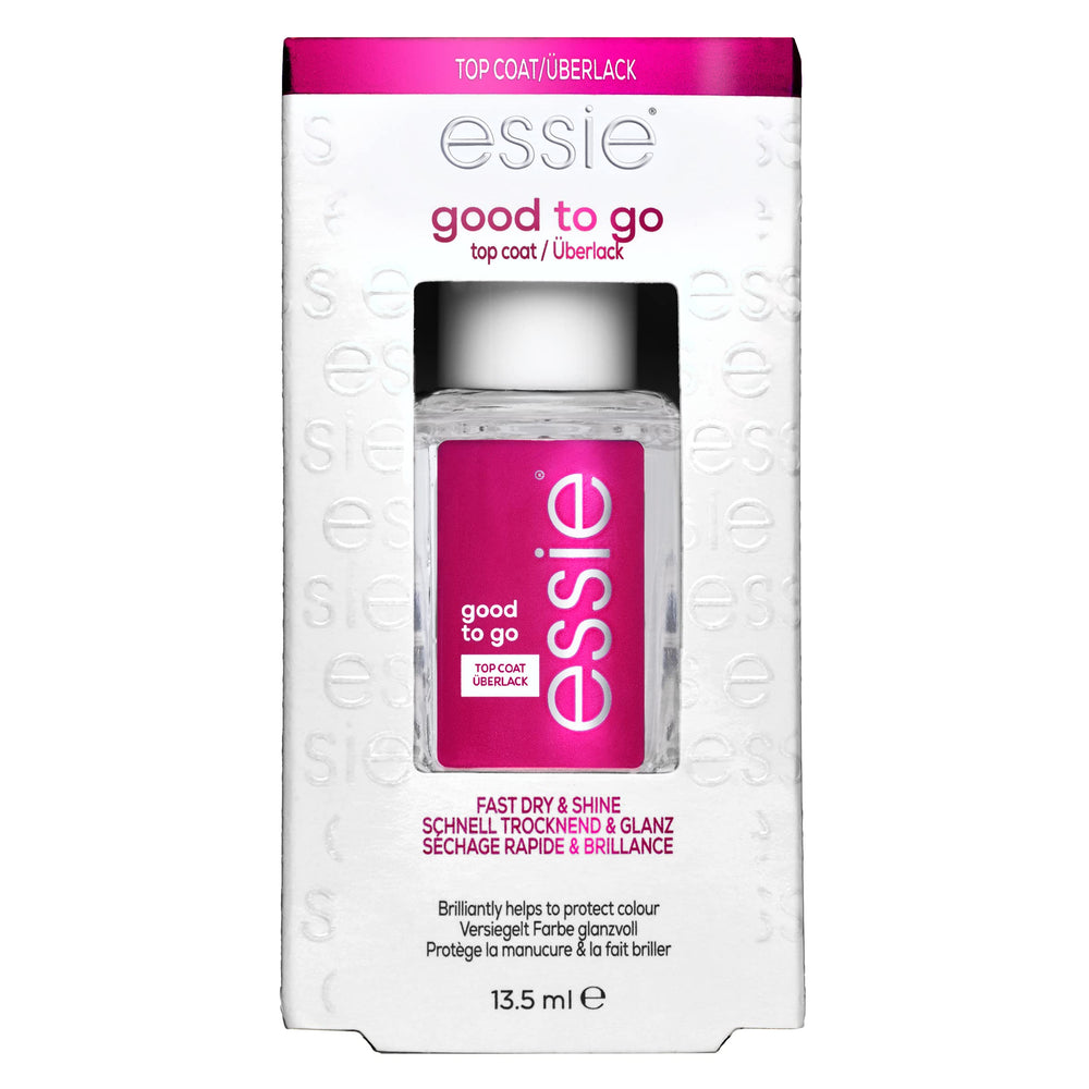 essie Good to Go top coat bottle close-up showing quick-dry, high-shine finish