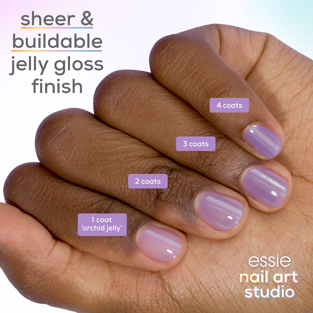 essie Jelly Gloss Orchid Jelly, brocha de deslizamiento suave para uñas limpias.