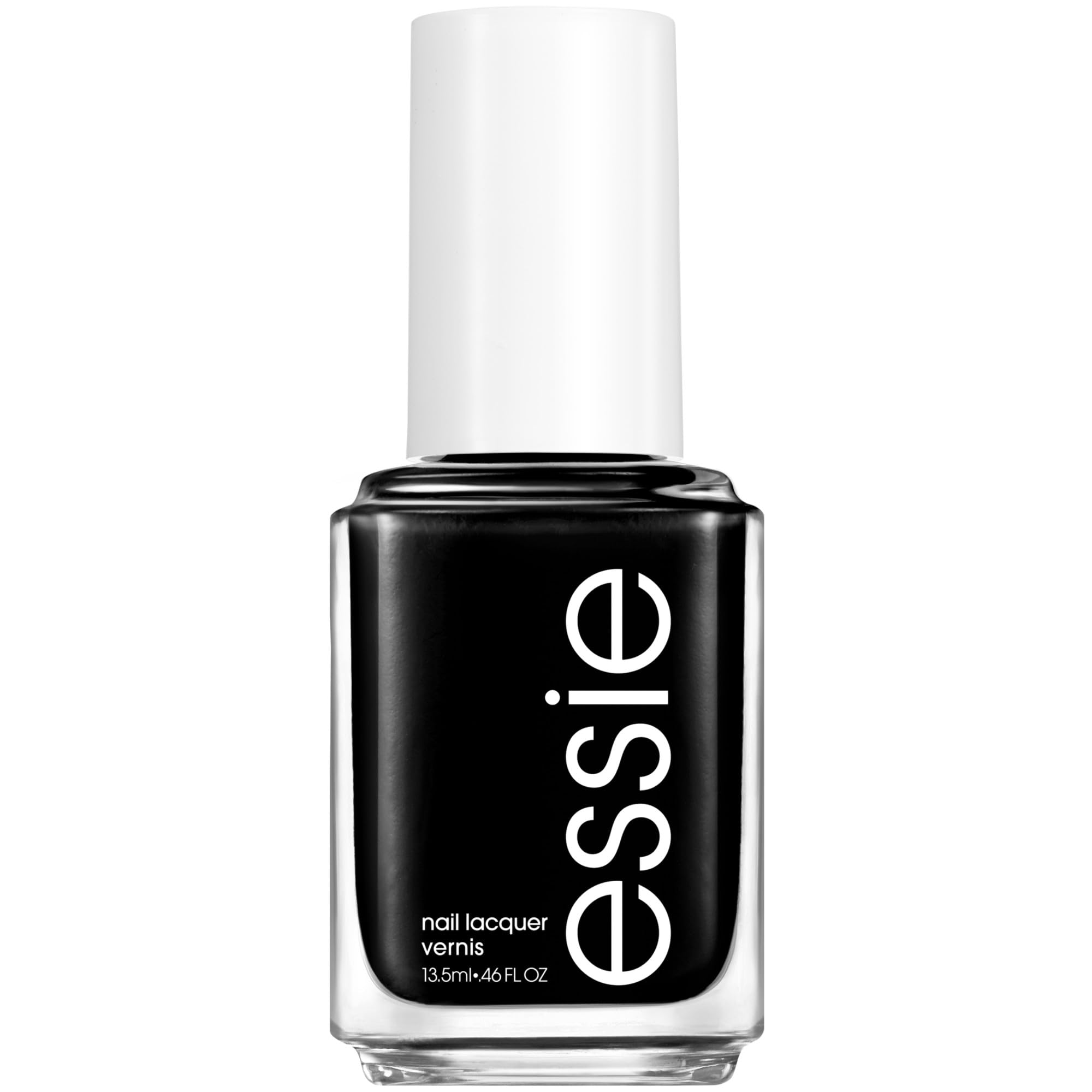 essie Licorice jet-black nail polish bottle with a creamy finish for salon-like coverage