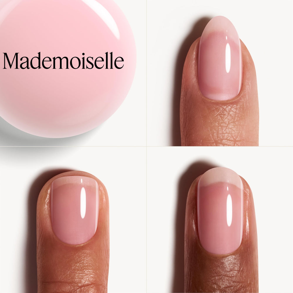 Essie Mademoiselle on nails with a silky finish and even color across the surface.