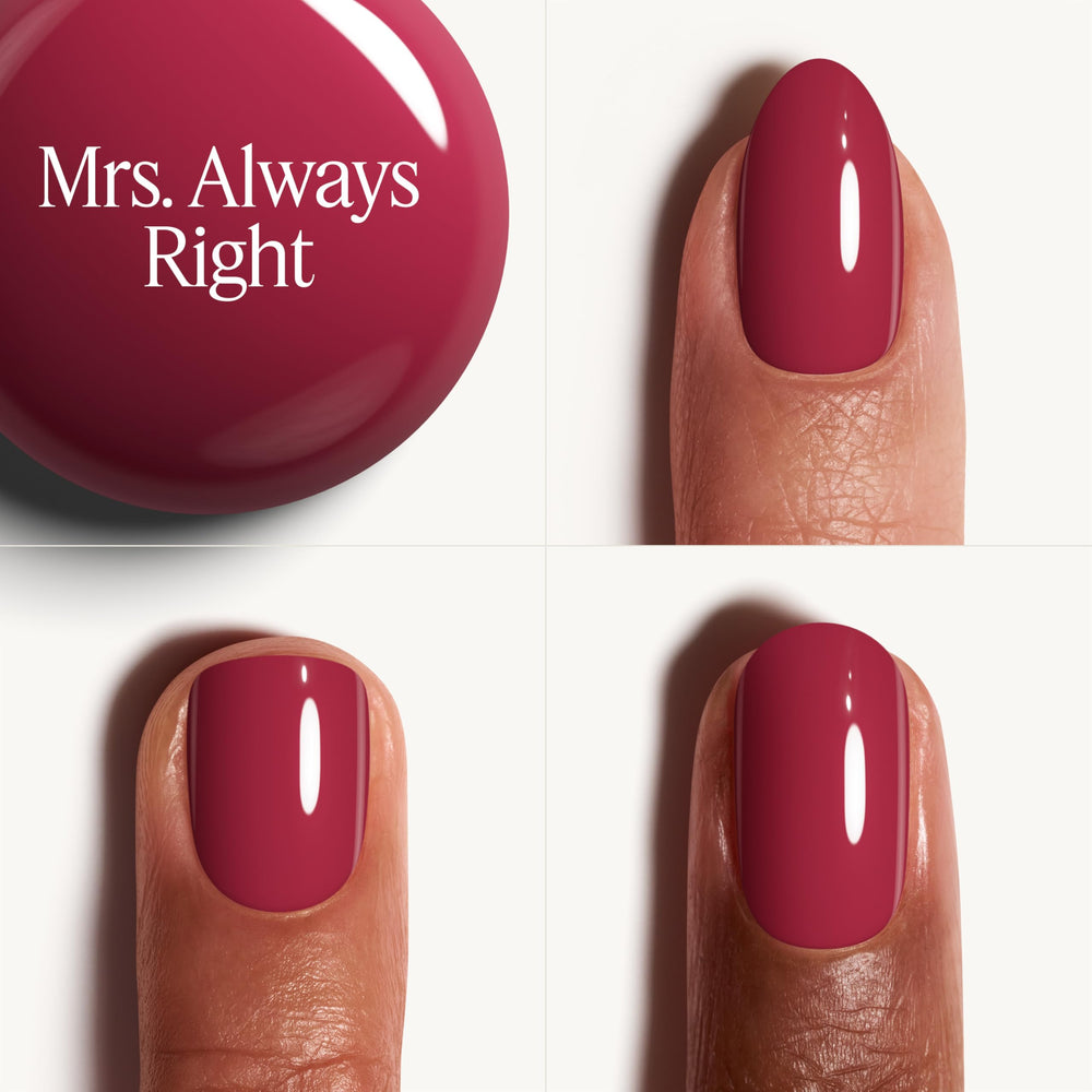 essie Mrs. Always-right easy glide brush delivers smooth, streak-free color.