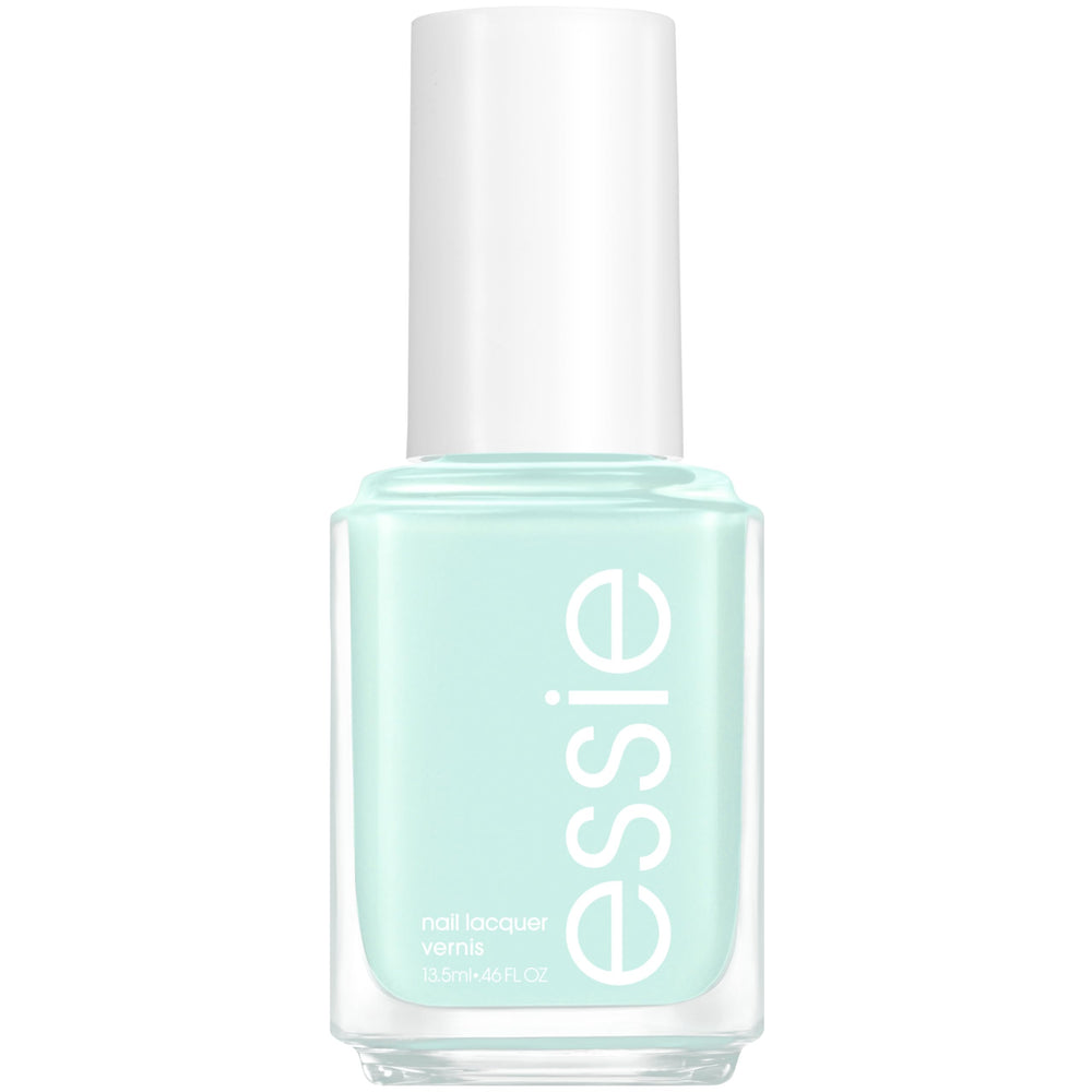 essie Seas The Day mint polish bottle bathed in sunlight for beach-ready color