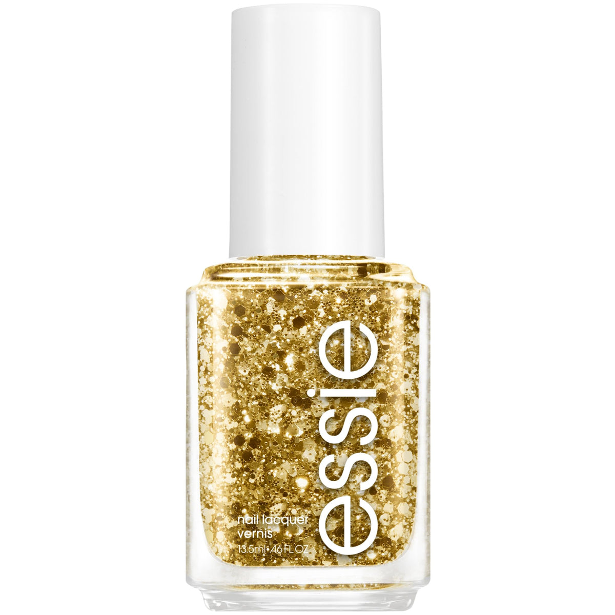 essie Summit Of Style nail polish bottle with glossy gold glitter finish for a luxe shine
