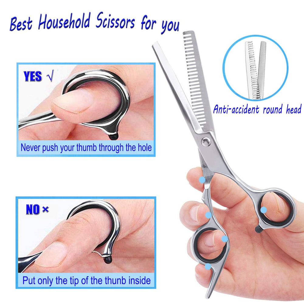 Essoy professional thinning shears include cleaning cloth and hair comb for care.