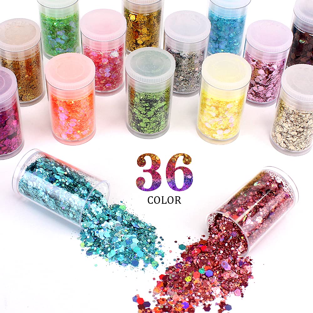 Estanoite fine glitter powder set in 36 colors for precise nail and body art