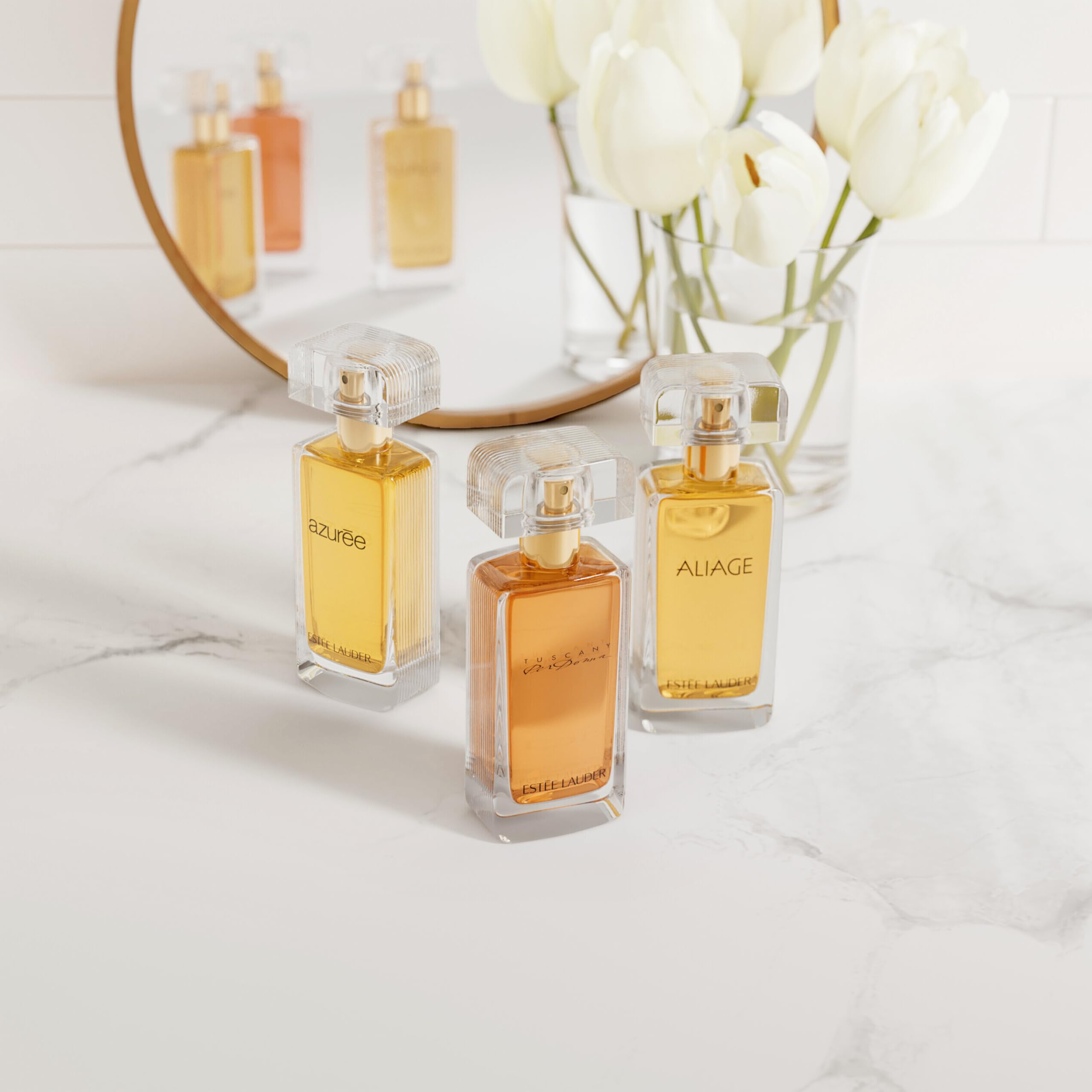 Estee Lauder Tuscany Per Donna cap close-up emphasizing refined packaging and sensual vibe.