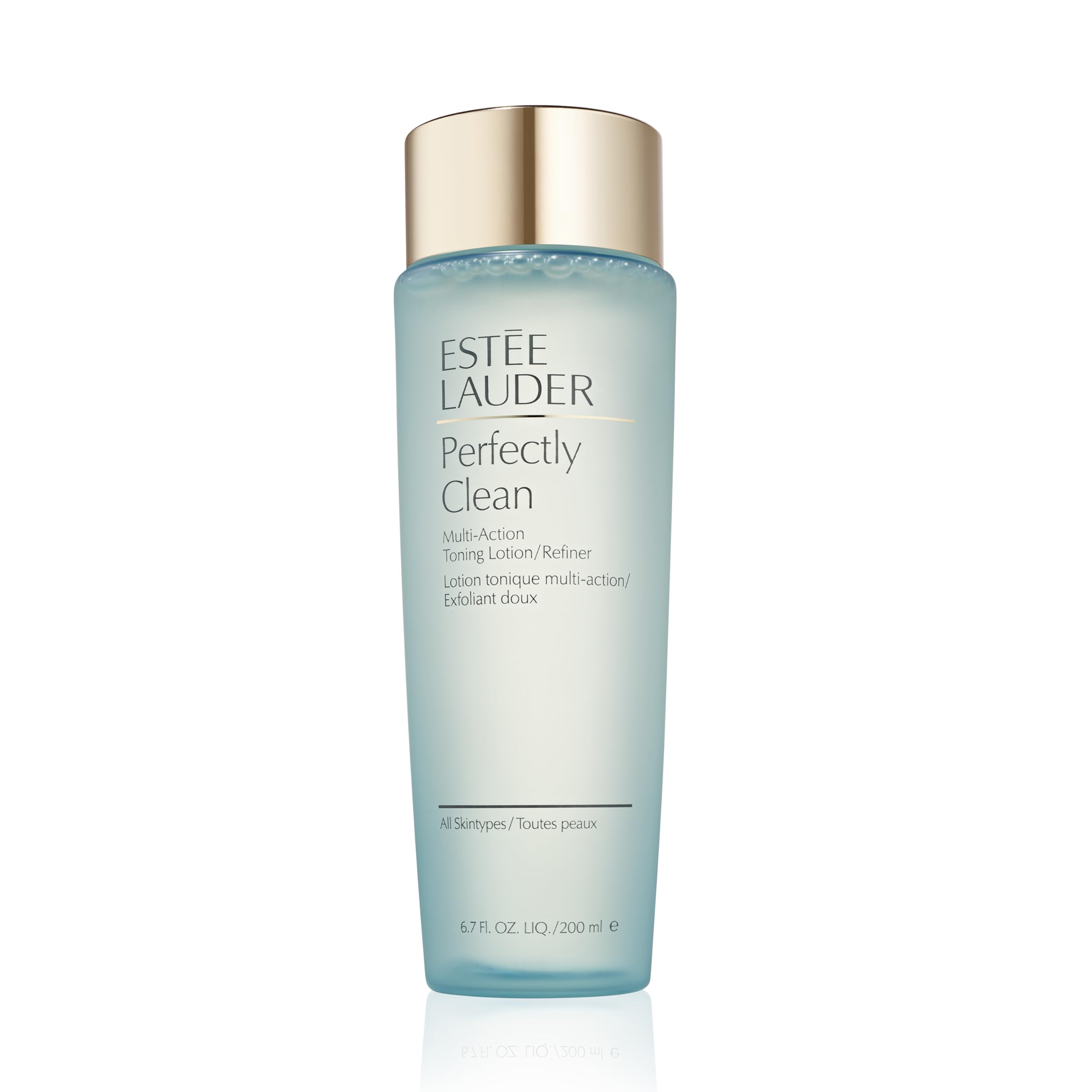 Estée Lauder Perfectly Clean bottle close-up highlighting toning action for balanced skin.