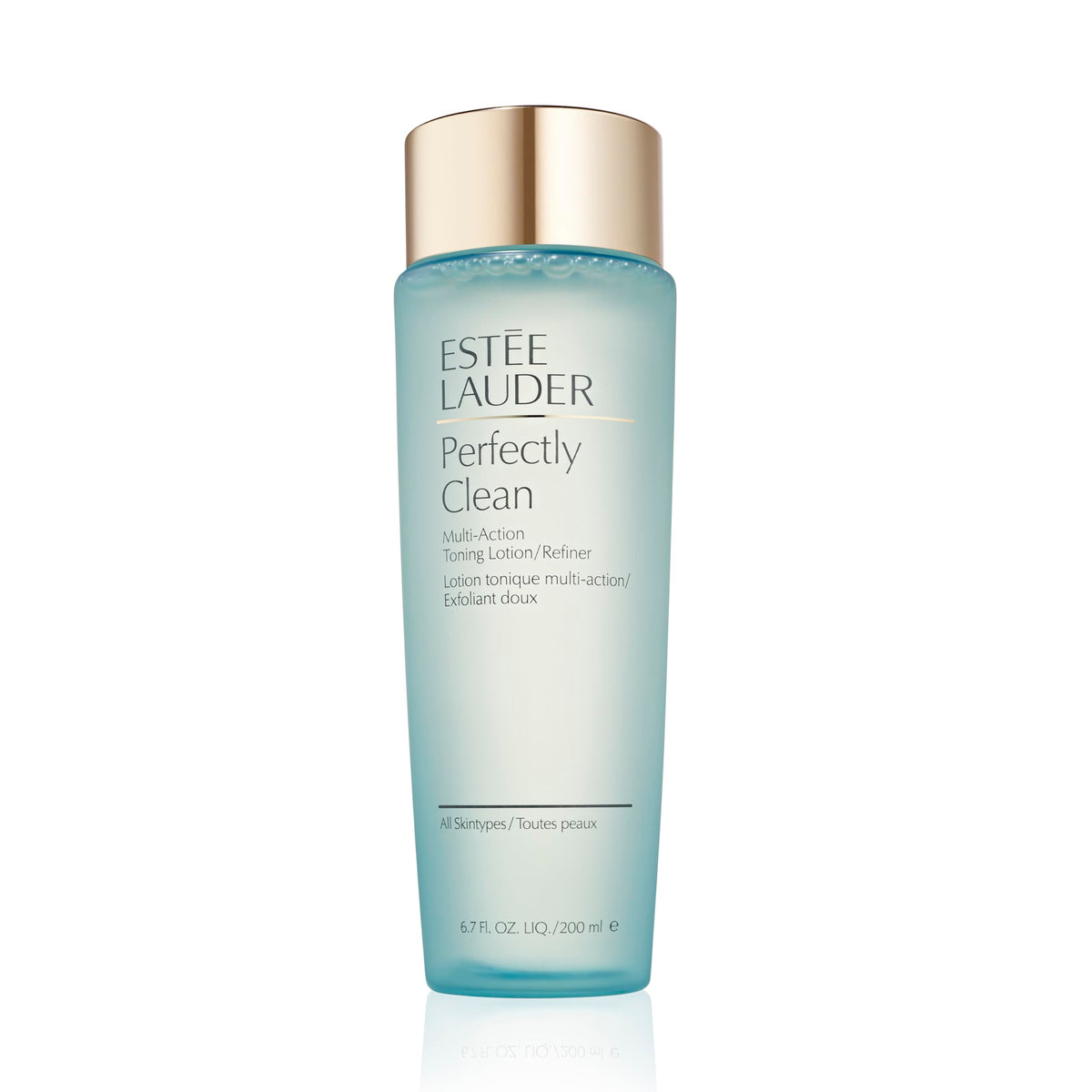 Estée Lauder Perfectly Clean bottle close-up highlighting toning action for balanced skin.