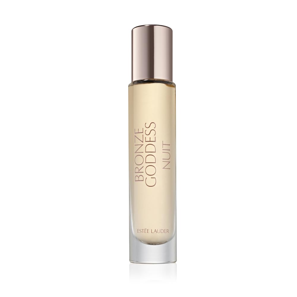 Estee Lauder Bronze Goddess Nuit bottle close-up highlights amber floral glow for evening allure