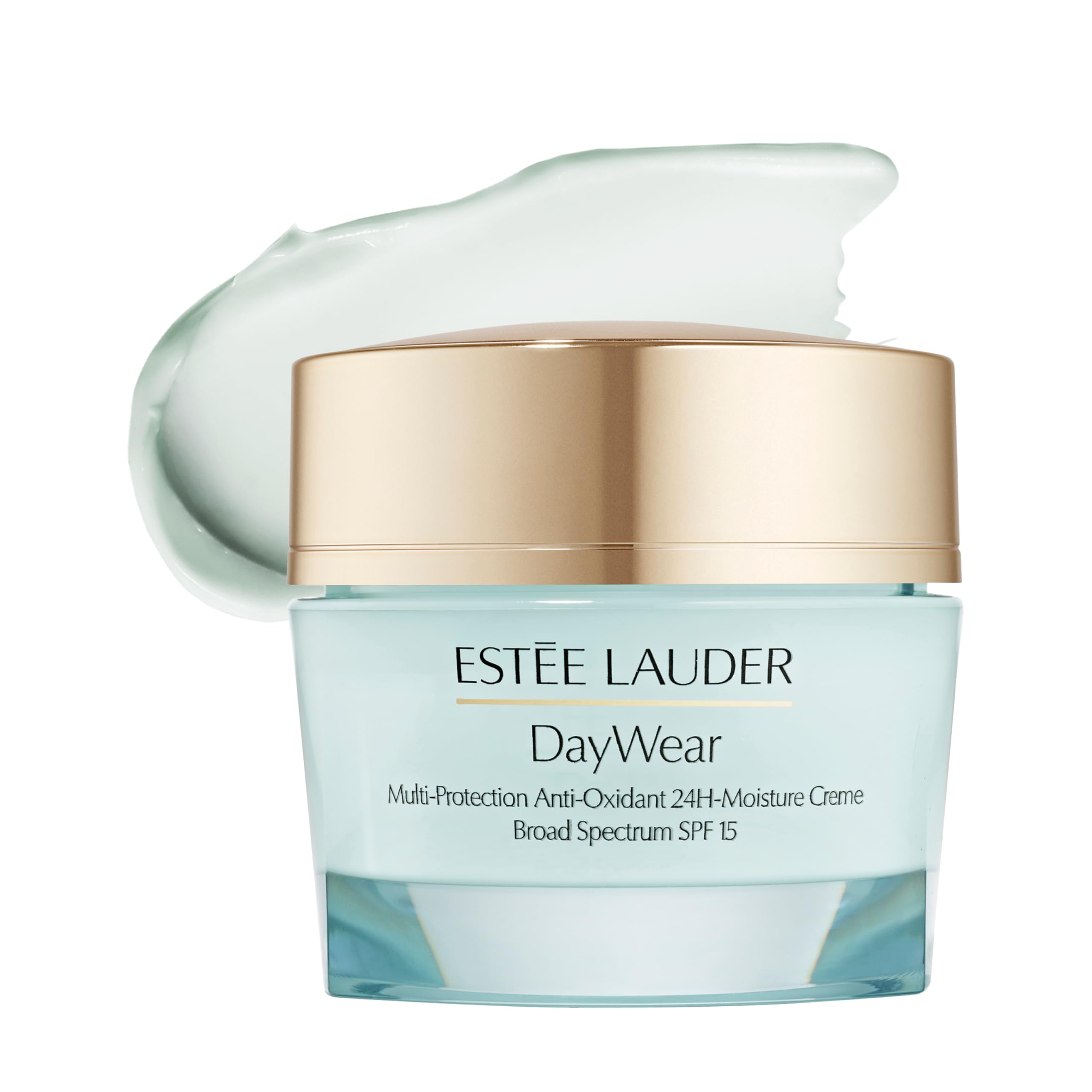 Estée Lauder DayWear jar close-up shows hydrating anti-oxidant cream for daily protection.