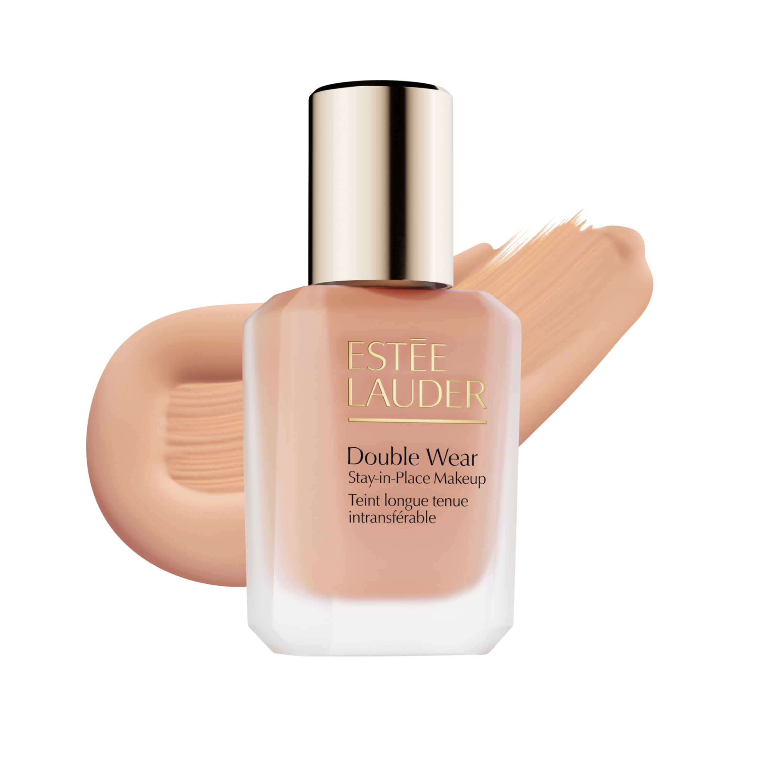 Estee Lauder Double Wear bottle with pump shows long-wear and transfer resistance.