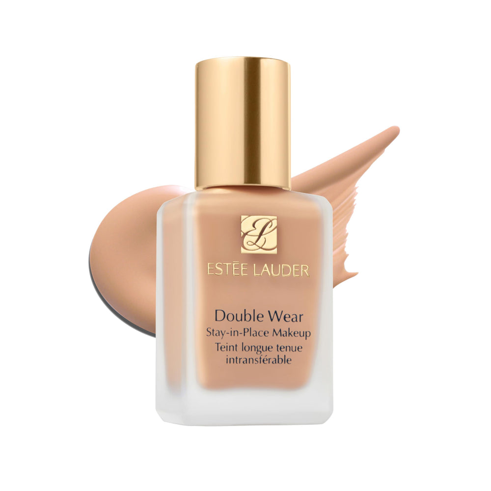Estee Lauder Double Wear bottle with pump shows long-lasting matte finish.