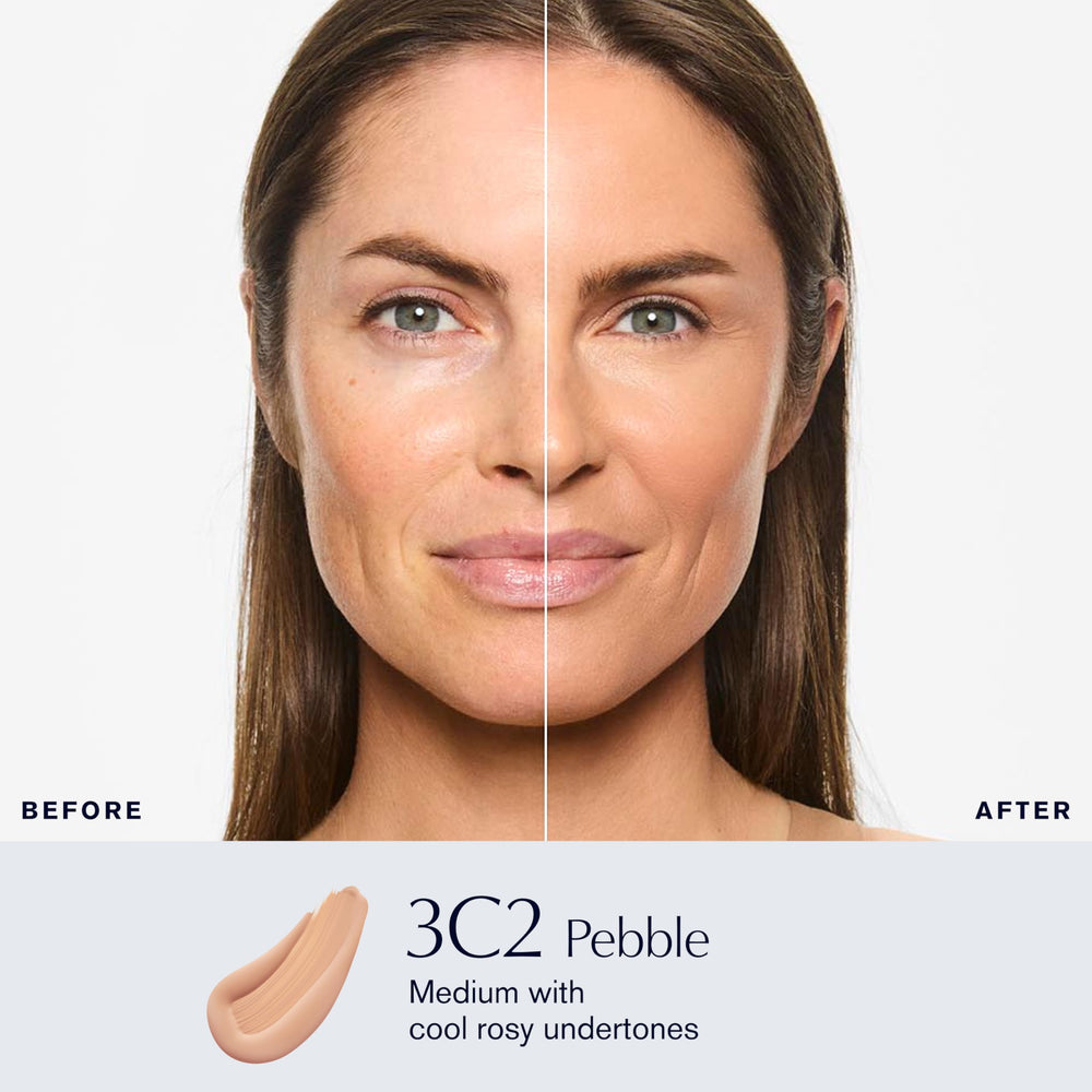 Estee Lauder Double Wear matte finish close-up shows skin-matching coverage.