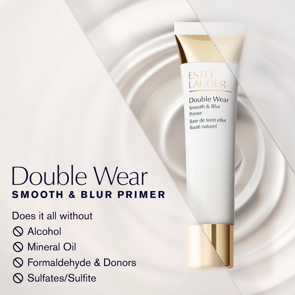Oil-control action of Estee Lauder Double Wear primer for all-day shine reduction.