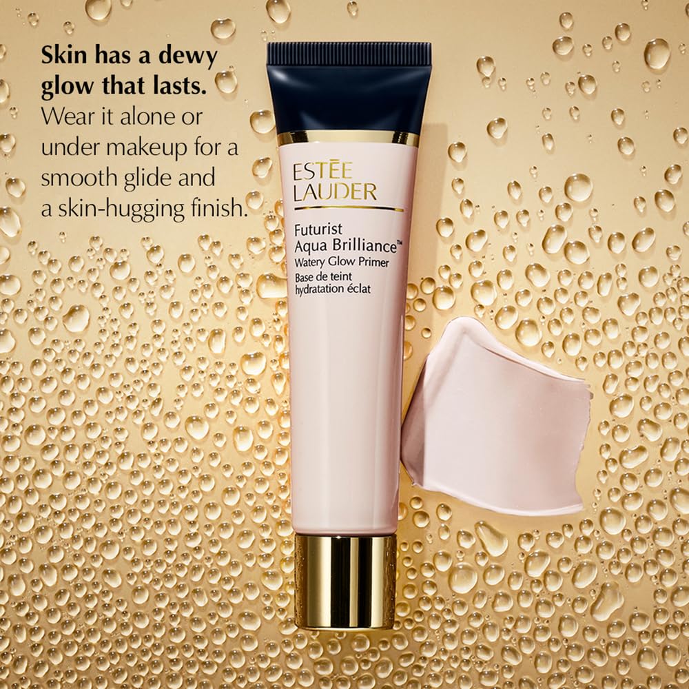 Estée Lauder Futurist Aqua Brilliance primer dispense closeup shows micro-droplet hydration.