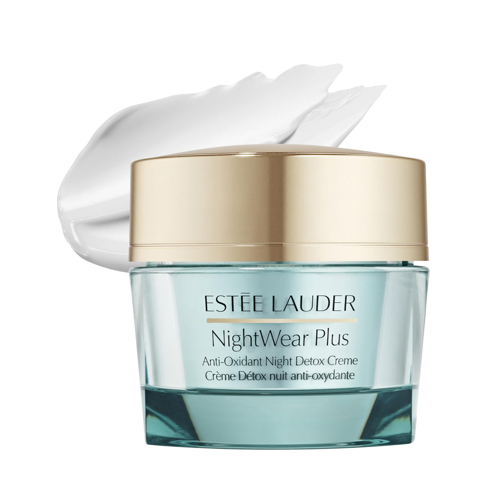 Estée Lauder NightWear Plus jar close-up showing detoxifying overnight hydration