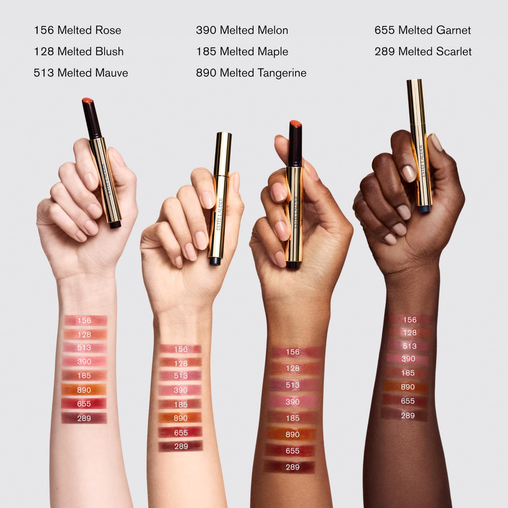 Estee Lauder Pure Color Melt-On Glosstick swatch highlights glossy shine and conditioning oils.