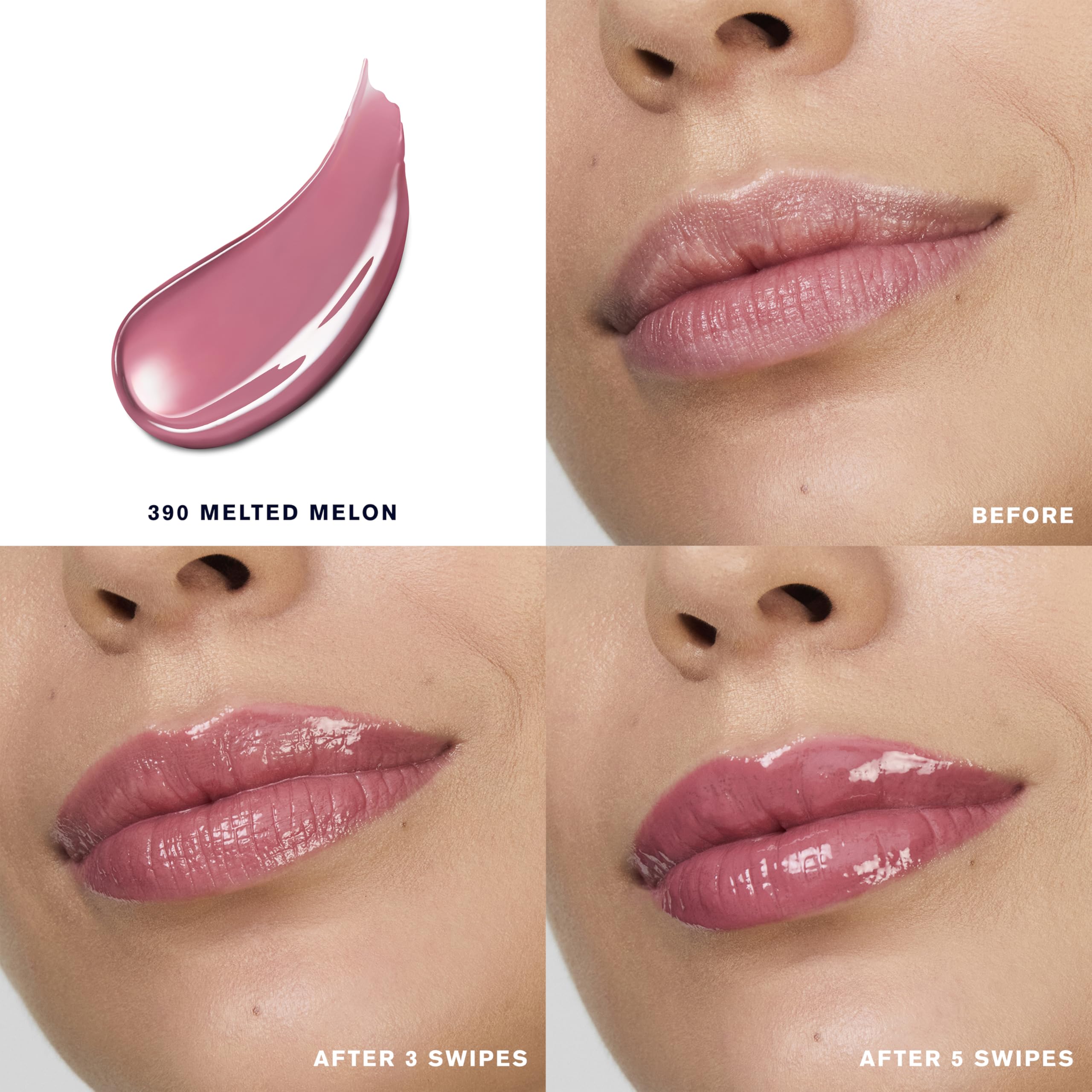 Estee Lauder Pure Color Melt-On Glosstick Melted Melon swatch shows sheer-to-medium coverage.