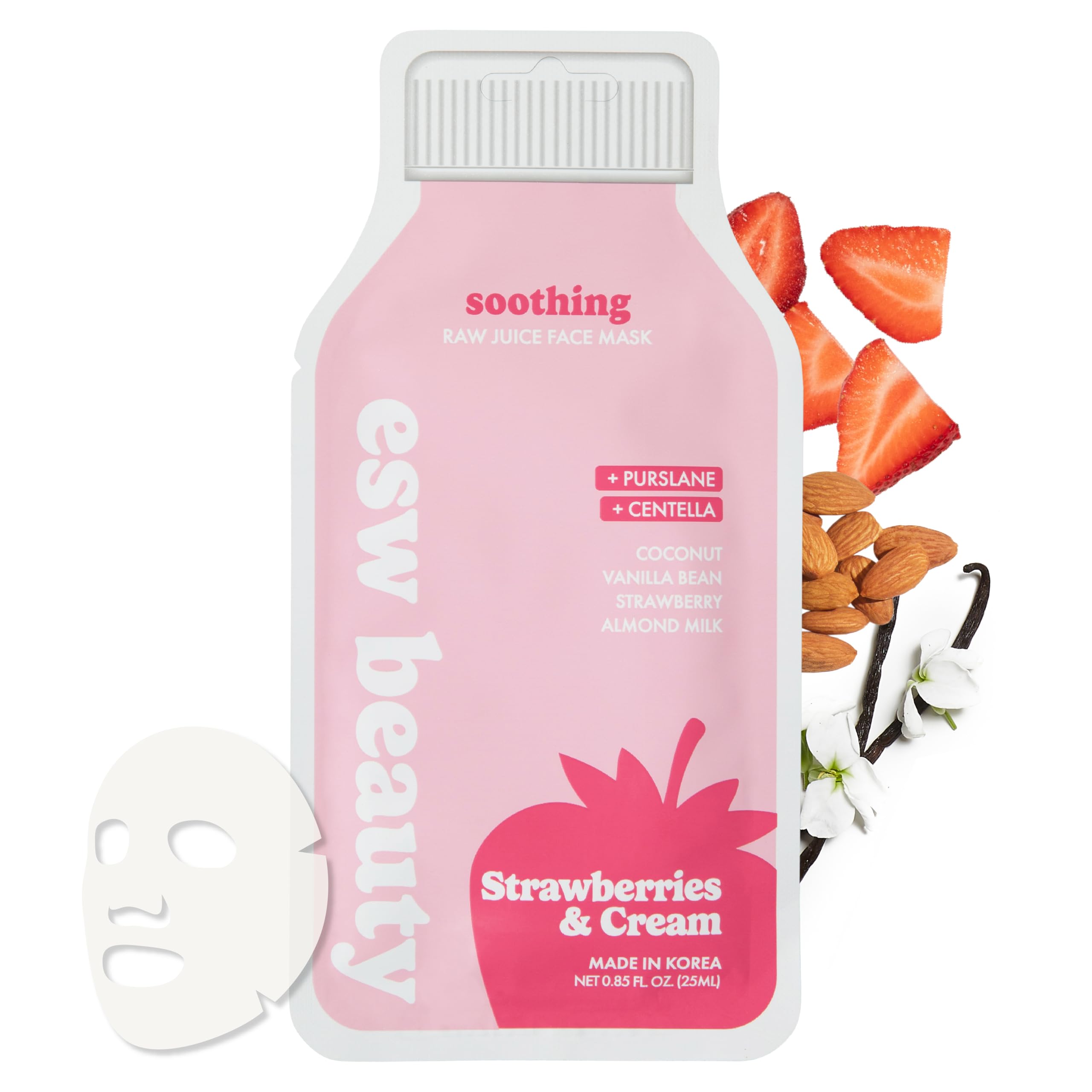 ESW Beauty Fresas y Crema Mascarilla de Hoja: empaque compacto para hidratación suave.