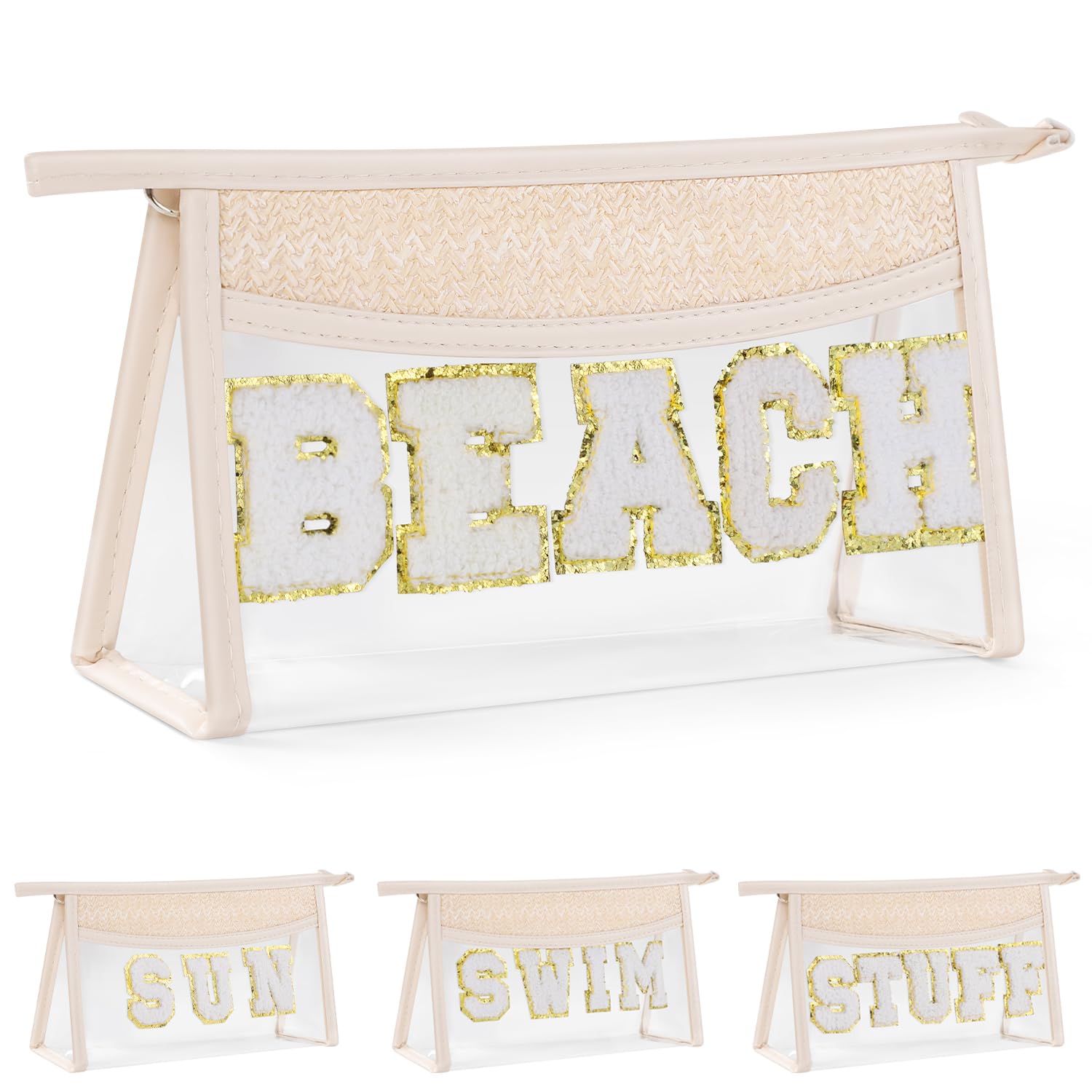 Etercycle boho patch beach makeup bag with chenille patches for stylish portability.