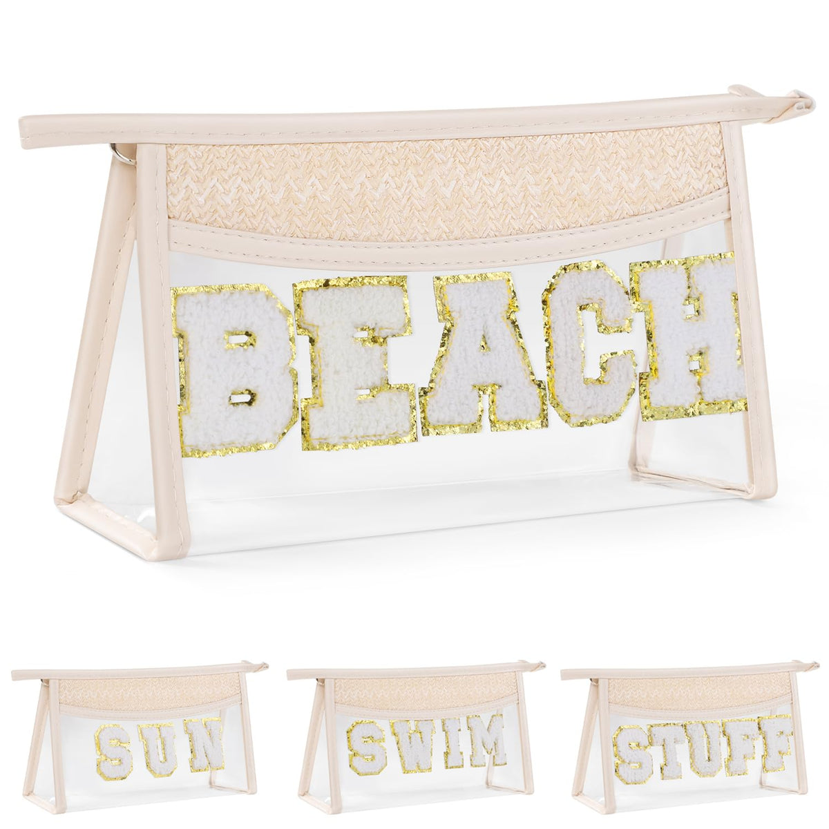 Etercycle boho patch beach makeup bag with chenille patches for stylish portability.