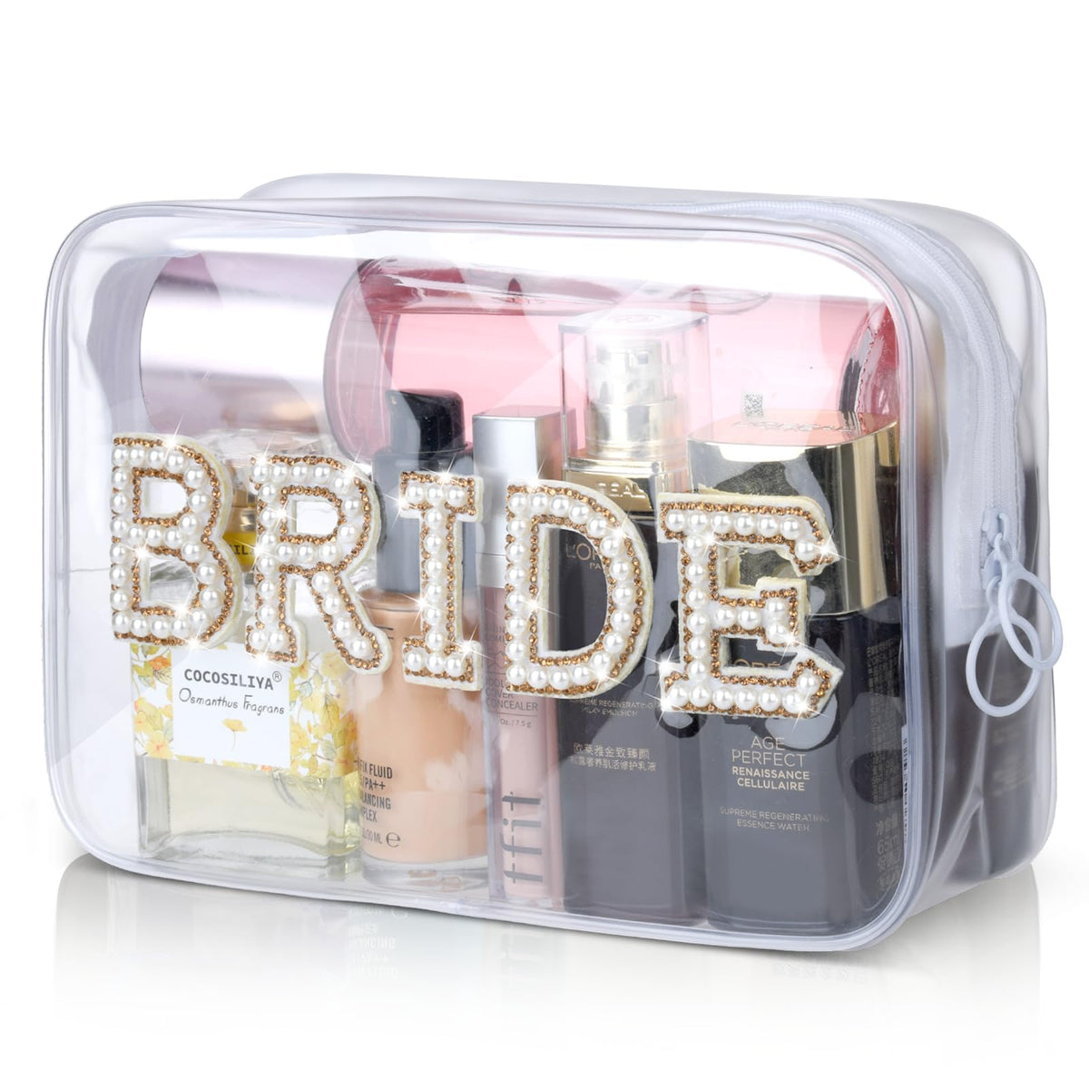 Etercycle Bride clear makeup bag with gold bling, ideal for travel cosmetics.