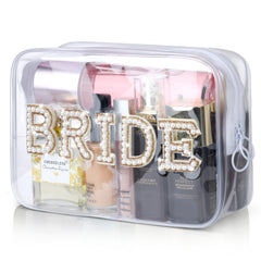 Etercycle Bride clear makeup bag with gold bling, ideal for travel cosmetics.