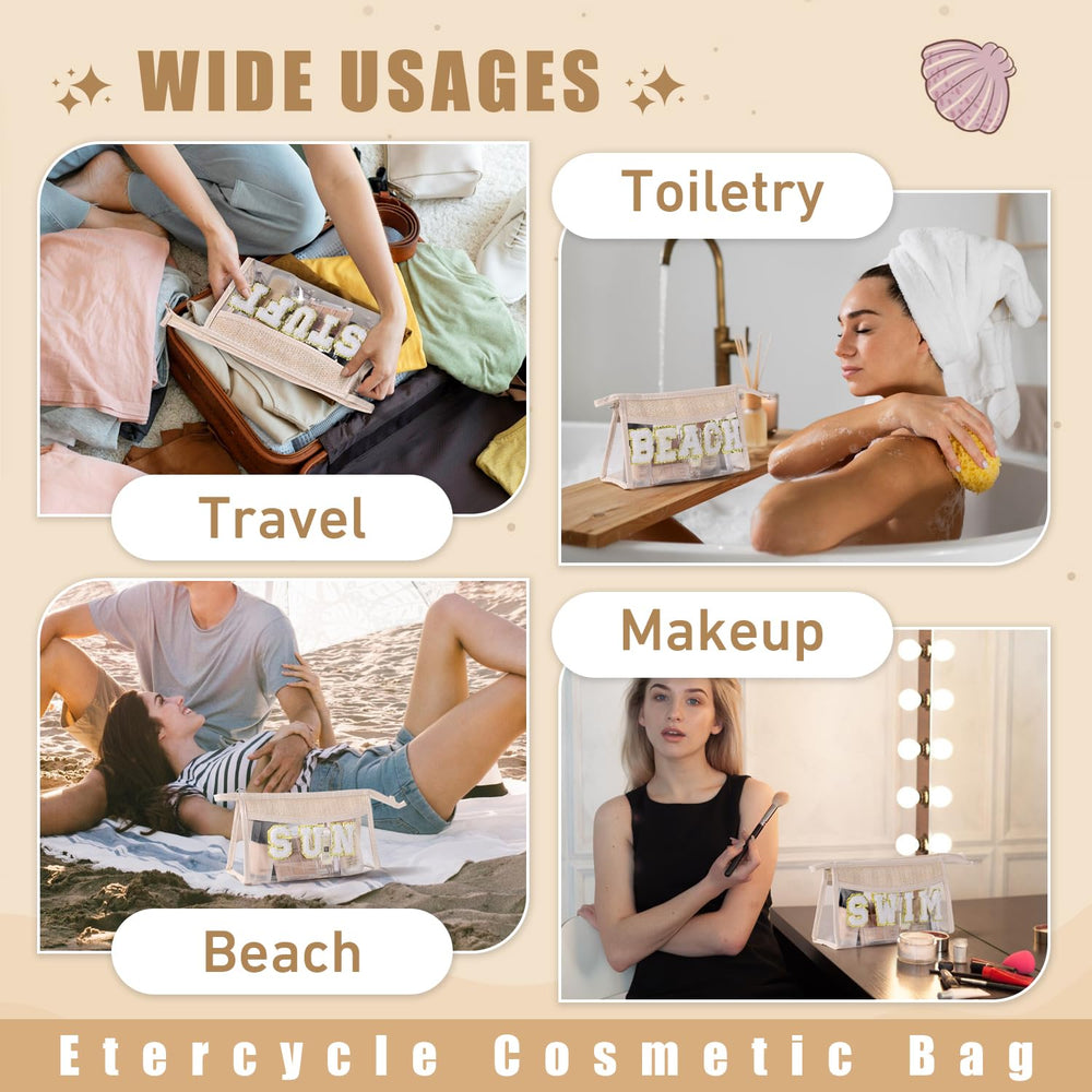 Etercycle multiuse beach bag demonstrates versatile storage for cosmetics and sunscreen.