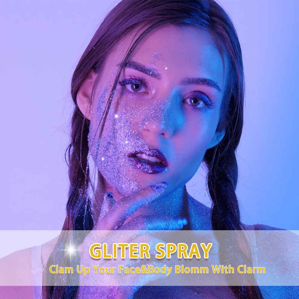 Party-ready look with Etercycle glitter spray for a radiant glow.