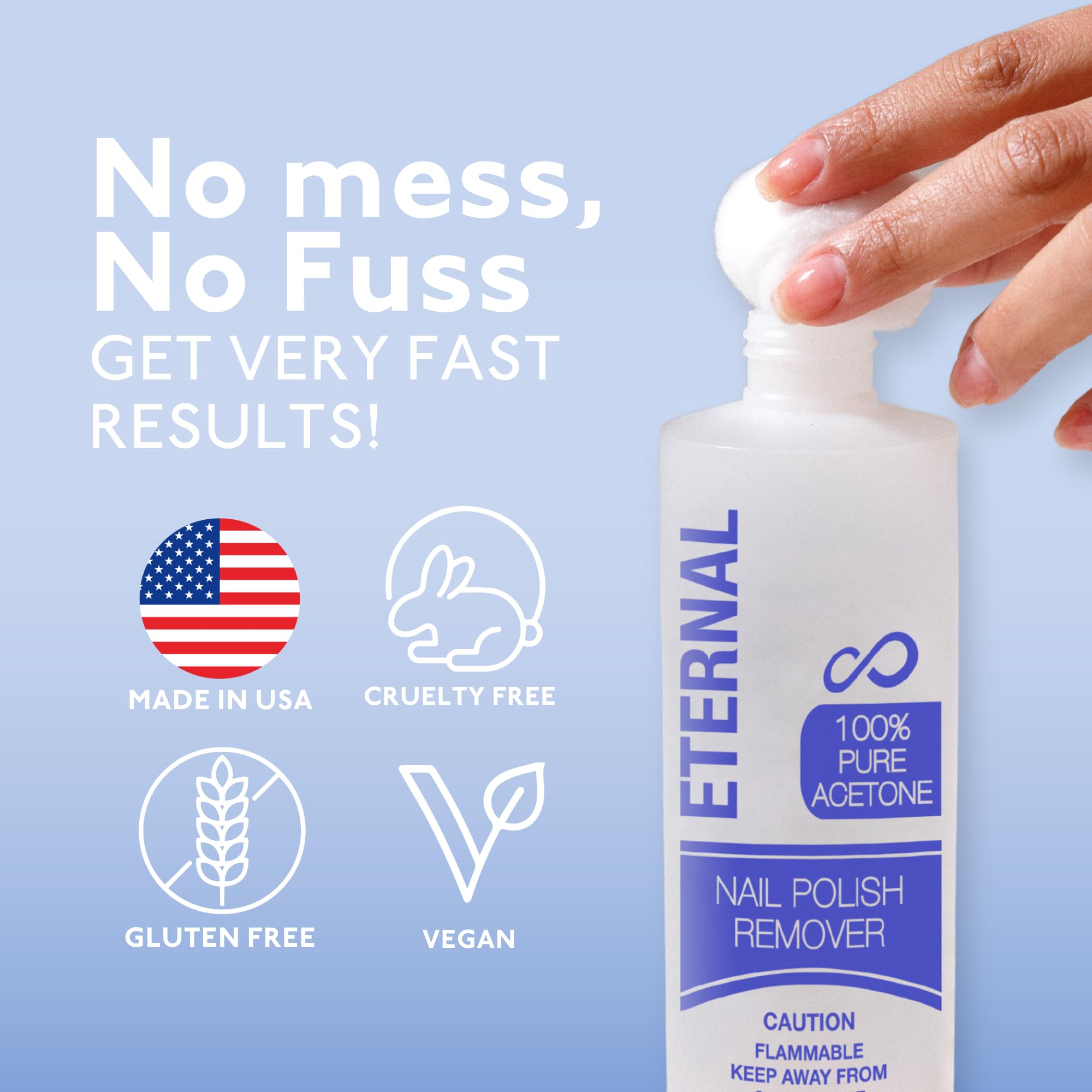 Eternal acetona pura para remover brillo y esmalte de forma eficiente.