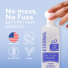 Eternal acetona pura para remover brillo y esmalte de forma eficiente.