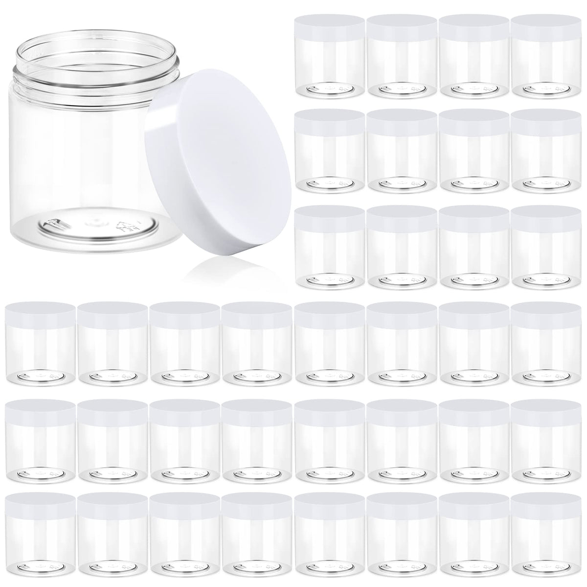 Eternal Moment 36-pack clear jars with white lids for organized cosmetic samples.