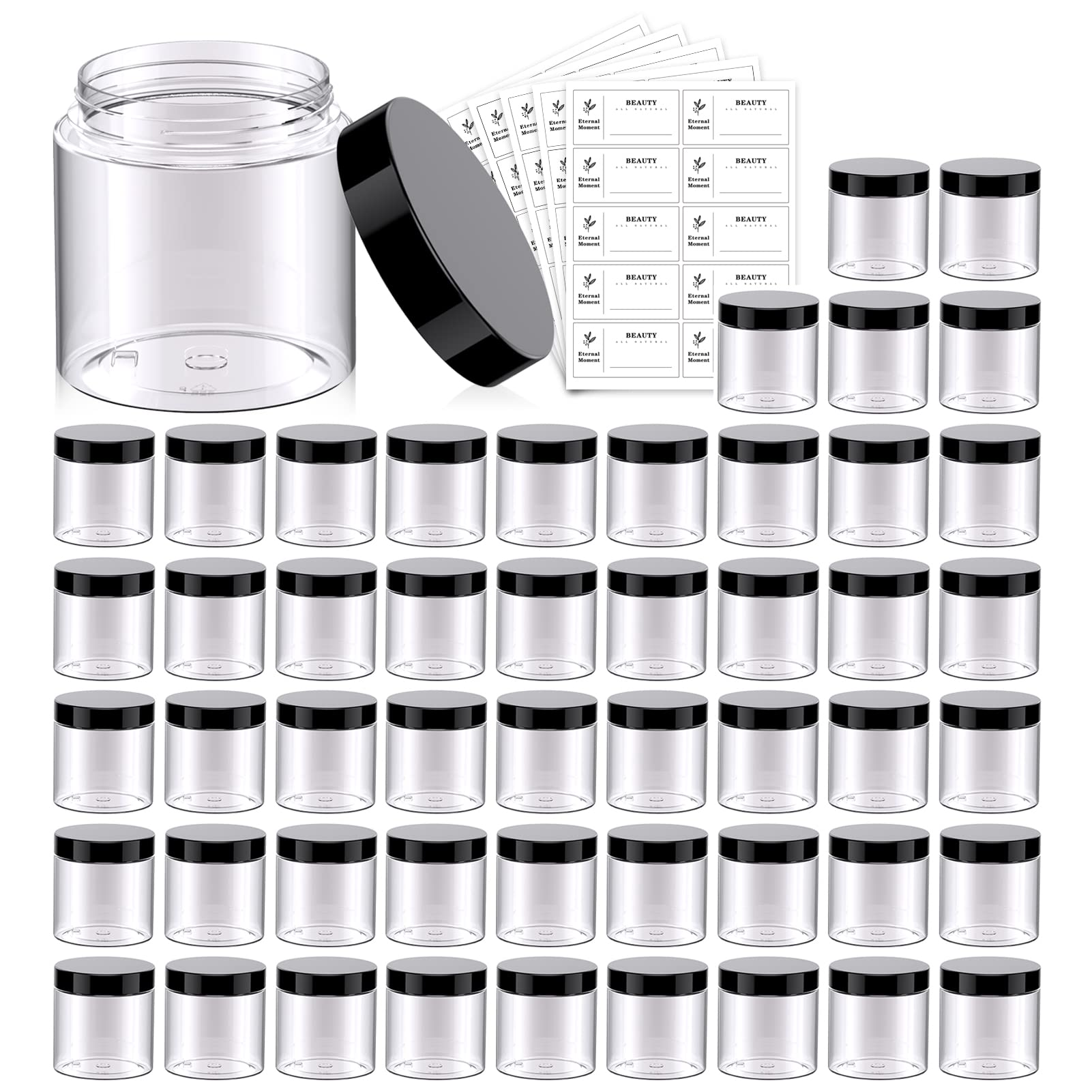 Eternal Moment 4oz clear jar with black lid for easy content preview and storage.