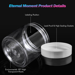 Eternal Moment 4oz clear plastic jars with wide mouths for easy filling.