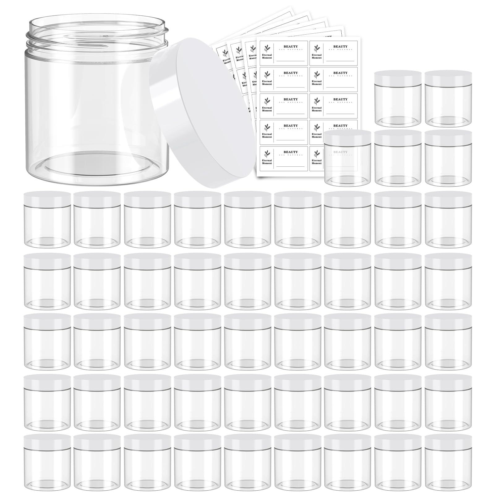 Eternal Moment 50-pack clear jars with white lids for storage and display.