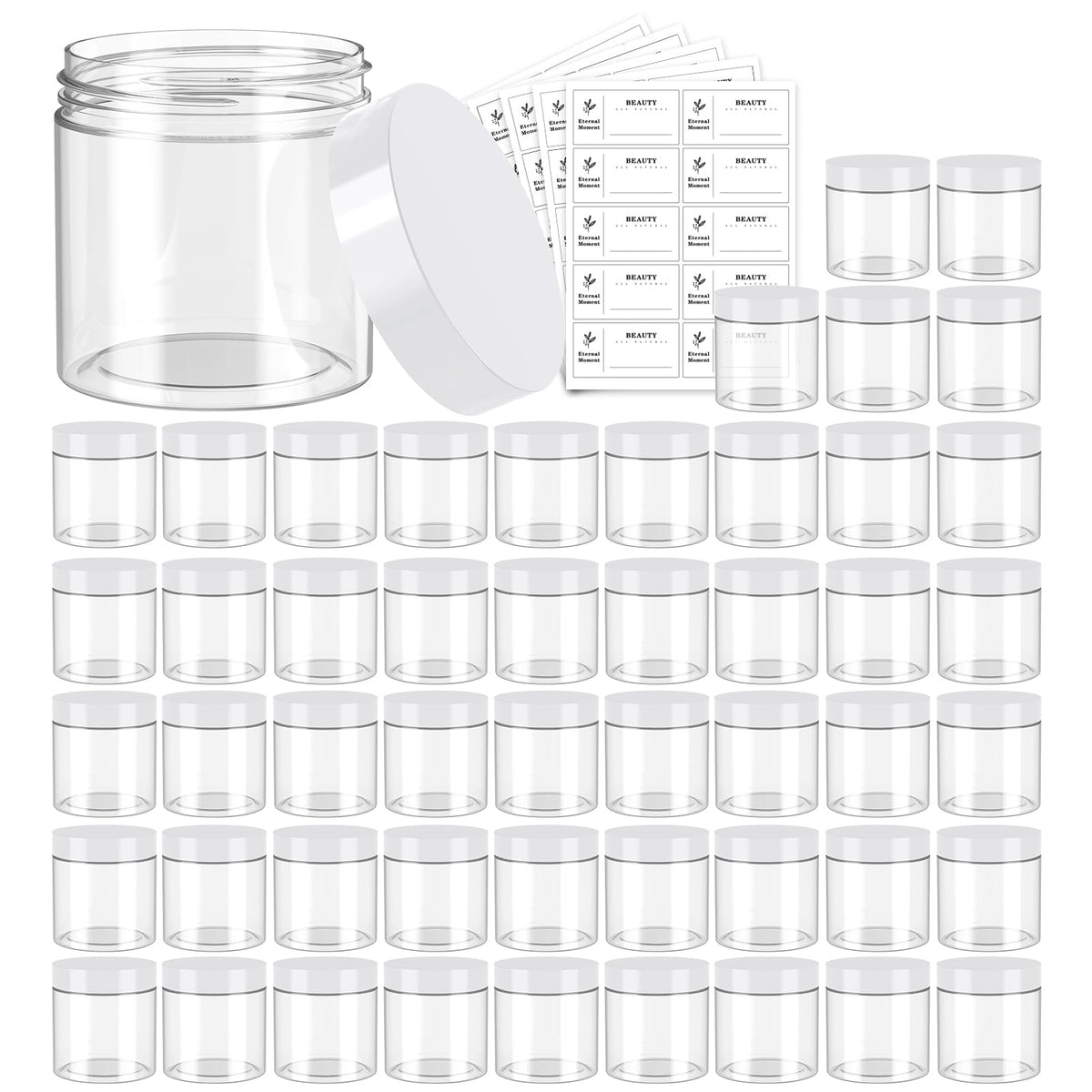 Eternal Moment 50-pack clear jars with white lids for storage and display.