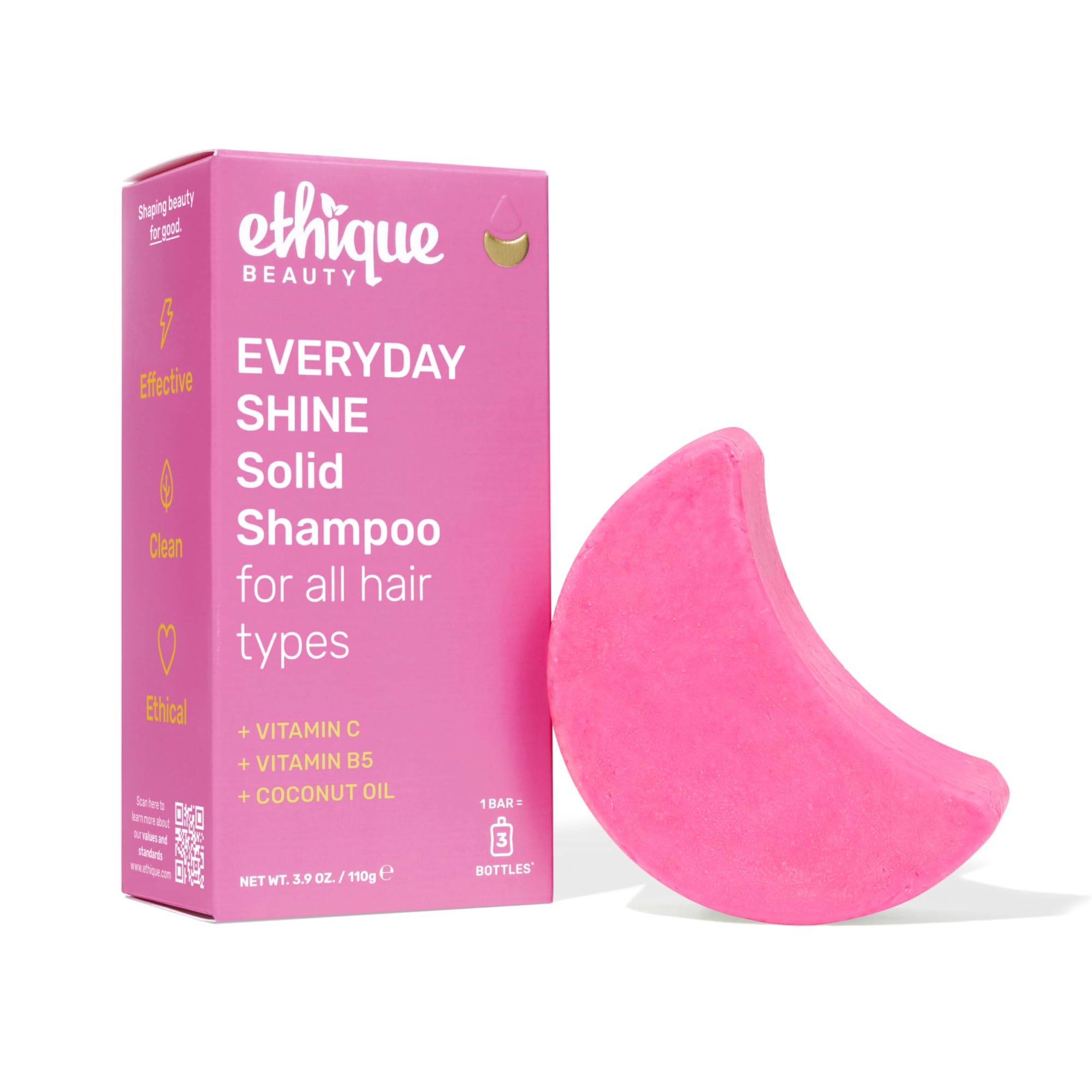 Ethique Barra de Champú para uso diario aporta brillo suave y cabello sedoso.