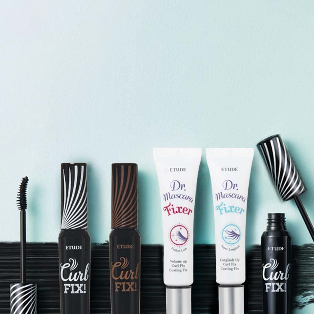 ETUDE Dr. Mascara Fixer empaque compacto ideal para viaje.