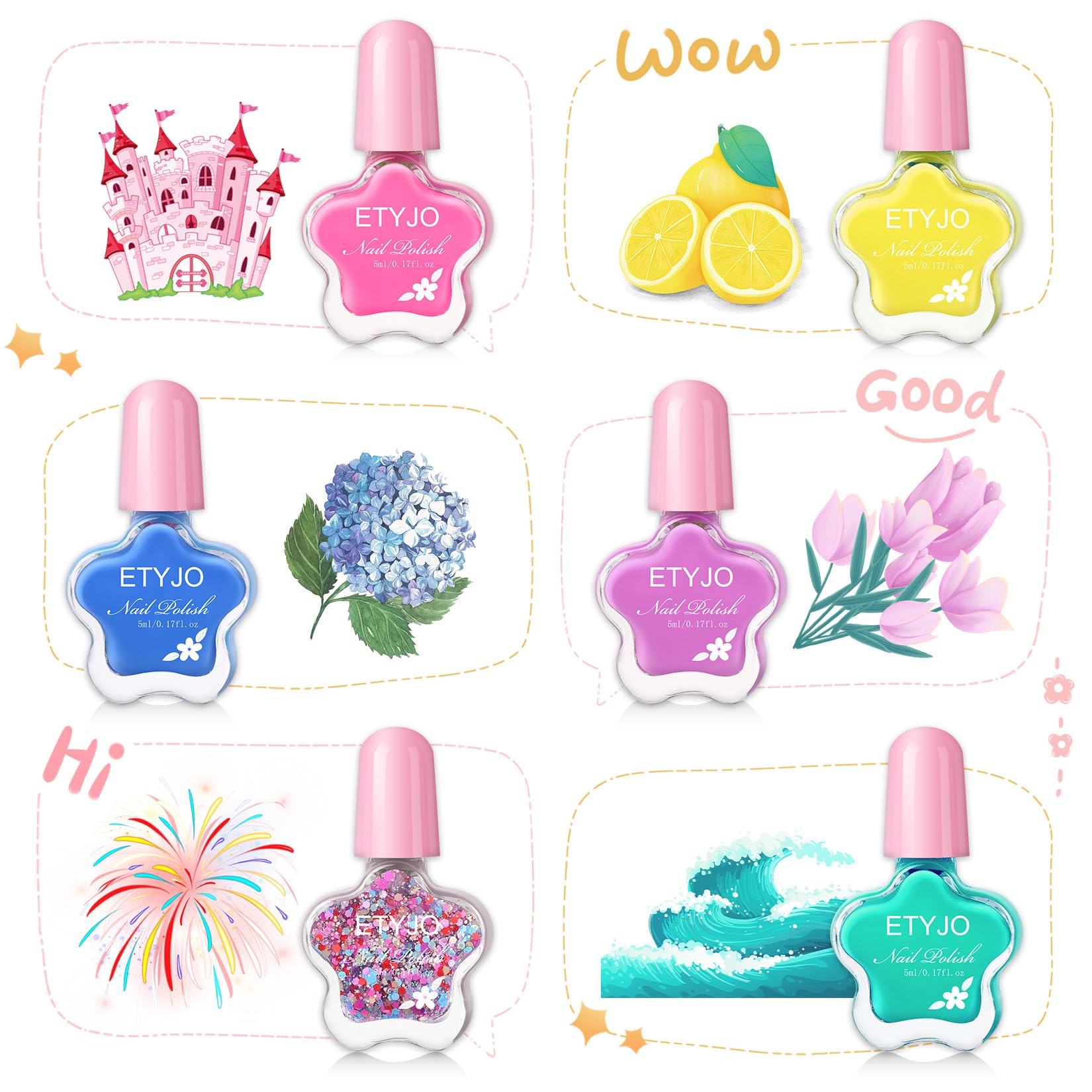 ETYJO color swatches show six vibrant rainbow shades for imaginative nail art.