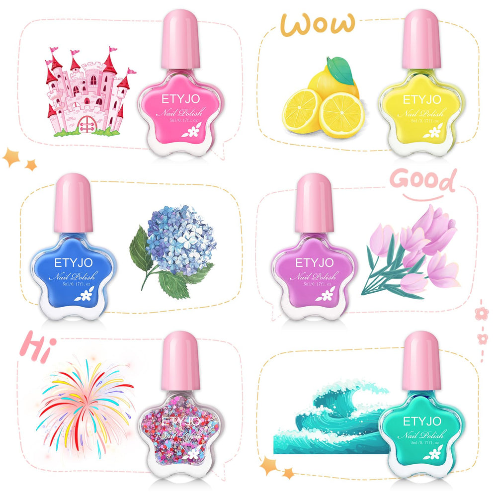 ETYJO color swatches show six vibrant rainbow shades for imaginative nail art.