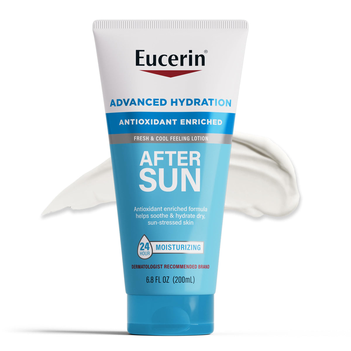Eucerin Advanced Hydration After Sun Lotion tube close-up showing 24-hour moisture benefits