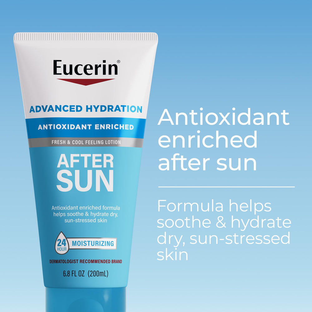 Eucerin Advanced Hydration After Sun Lotion label close-up highlighting antioxidants and shea butter