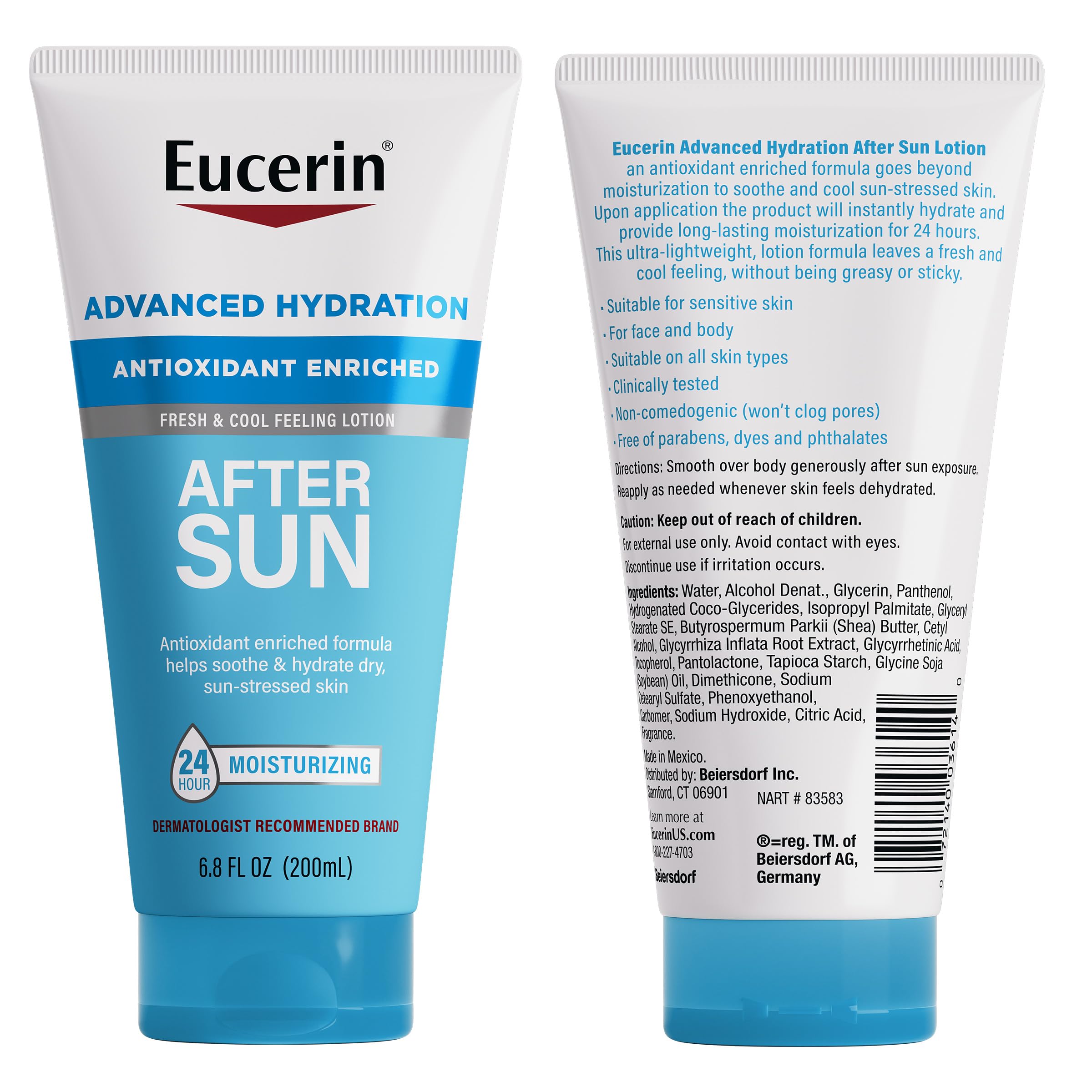 Eucerin Advanced Hydration After Sun Lotion packaging front view with parabens and dyes note