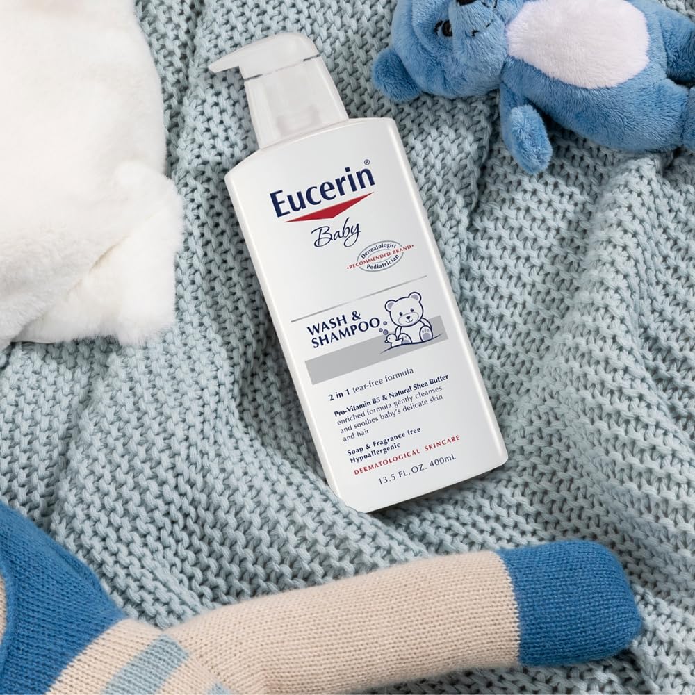 Eucerin Baby Unscented bath-lather scene showing tear-free formula ideal for sensitive skin.