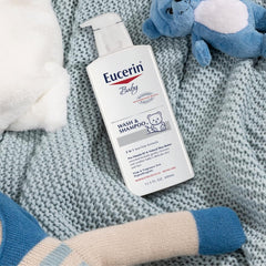 Eucerin Baby Unscented bath-lather scene showing tear-free formula ideal for sensitive skin.