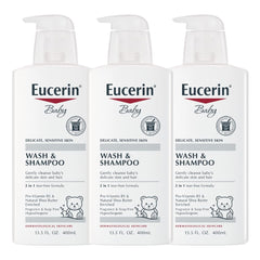 Eucerin Baby Unscented bottle with pump for gentle daily cleansing of skin and hair.
