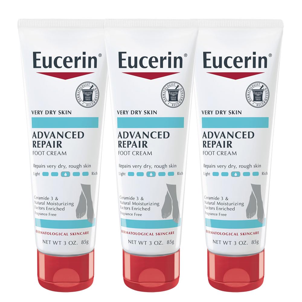 Crema para pies Eucerin en tubo de 3 onzas para hidratación suave de pies secos.