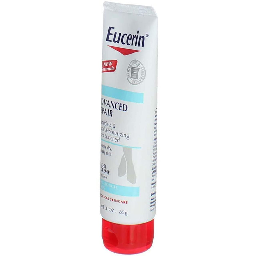 Crema de pies Eucerin, dermatologicamente recomendada para cuidado diario.
