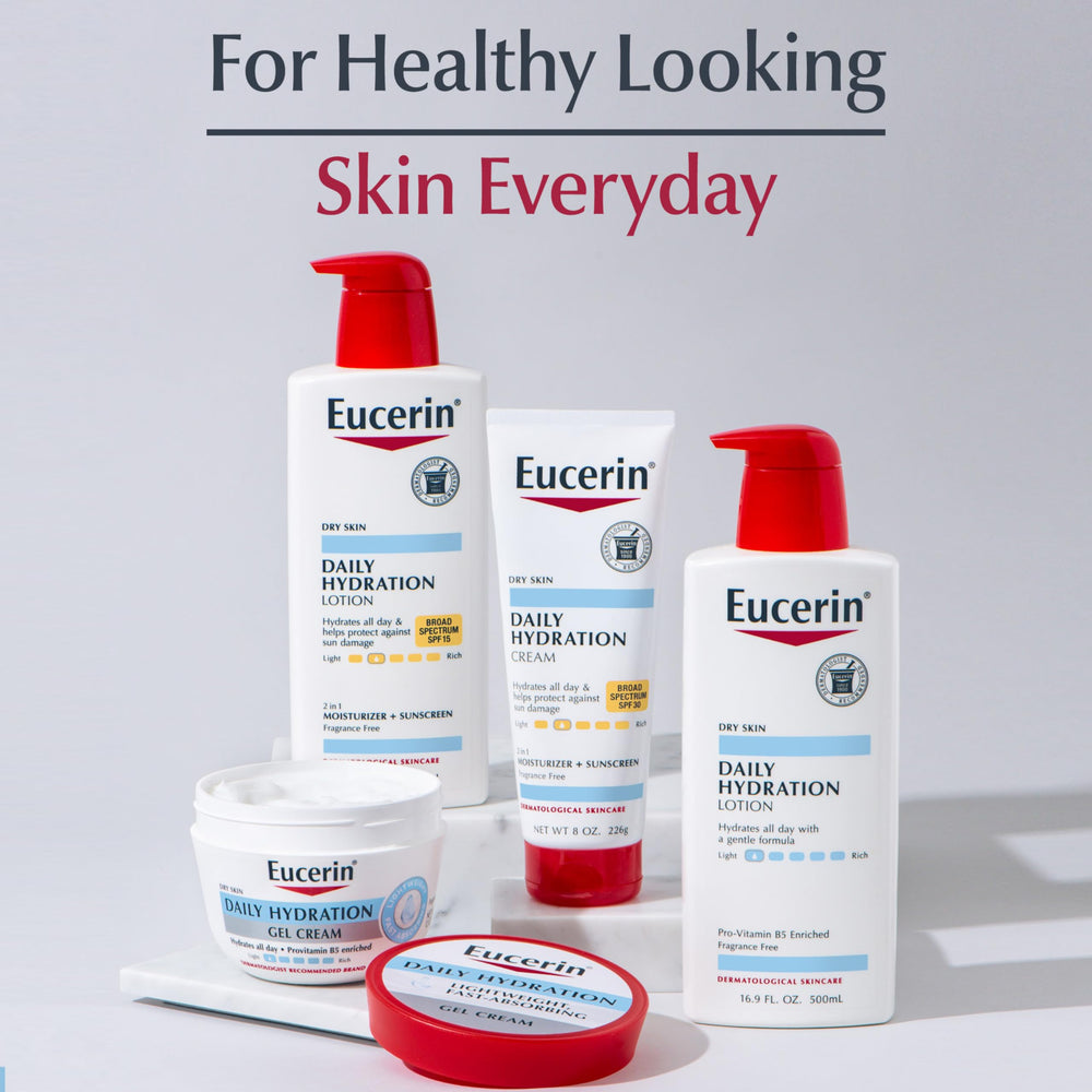 Hand applying Eucerin lotion after shower for daily moisture.